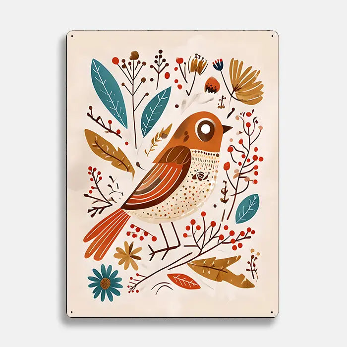Scandi Bird Flowers Scandinavian Folk Metal Sign Plaque