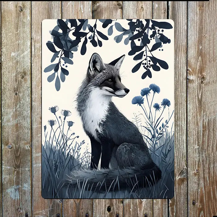 Gray Fox Amidst Serene Meadow Floral Metal Sign Plaque