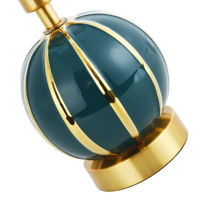 Classic Dark Teal Gloss Ceramic Spherical Table Lamp with Polished Gold Stripes - 24cm