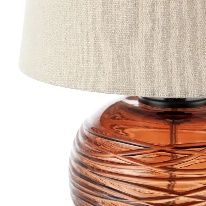 Amber Glass Table Lamp with Oatmeal Beige Linen Fabric Shade - 31cm