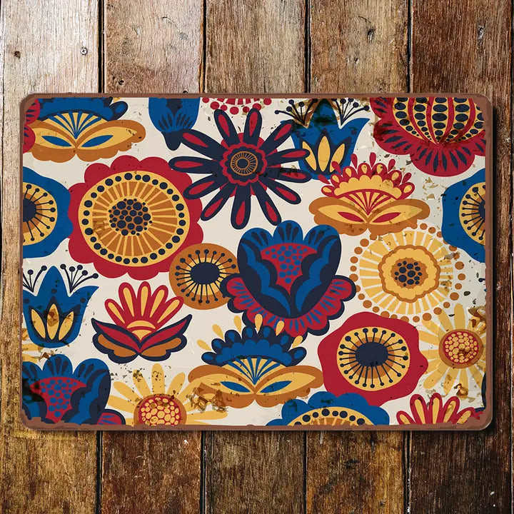 Folk Pattern Flowers Retro Nordic - Metal Wall Sign Plaque