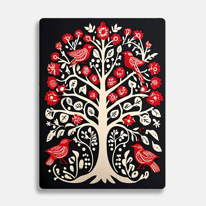 Tree with Red Birds Scandinavian Folk Metal Sign Plaque