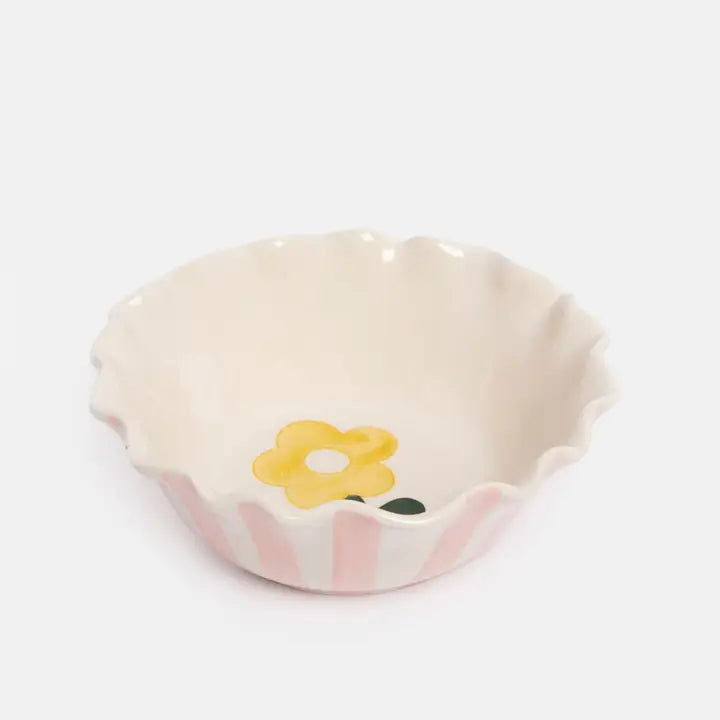 Pink Outside Stripe /Yellow Flower Frilly Bowl by Caroline Gardner - Set of 4