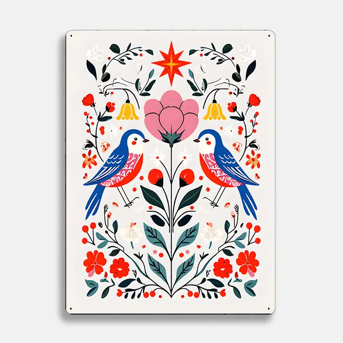 Birds Flowers Floral Scandinavian Folk Metal Sign Plaque