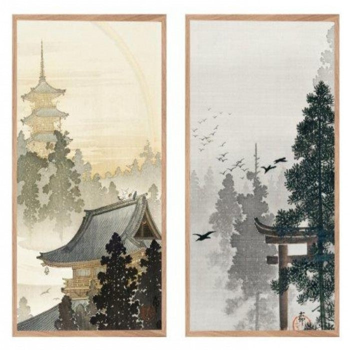 Vintage Style Framed Oriental Art Pictures - Set of 2 - 45x25cm