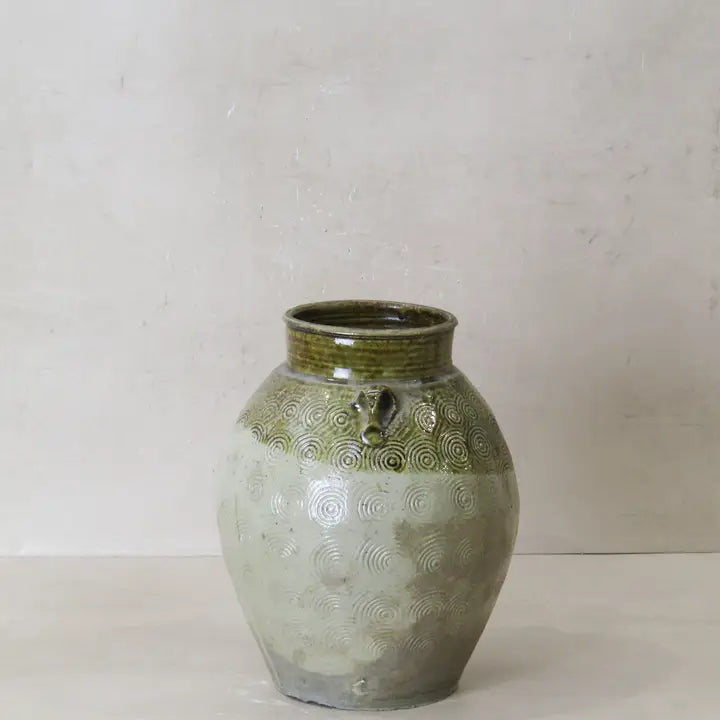 Vintage Glazed Yunnan Pot Green Swirls - 24cm