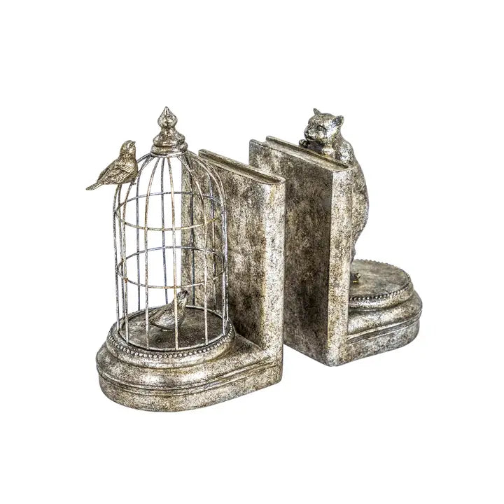 Antique Silver Curious Cat Pair of Bookends - 25cm