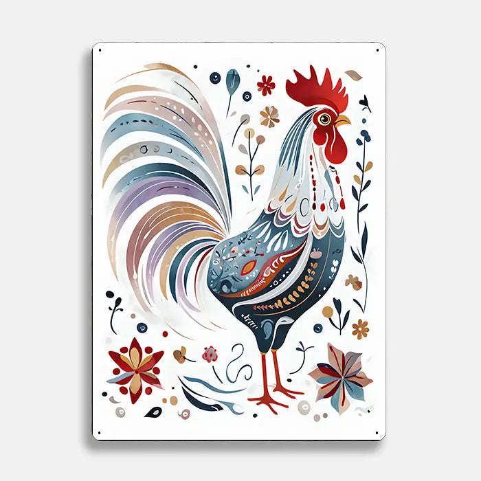 Rooster Chicken Floral Scandinavian Folk Metal Sign Plaque.