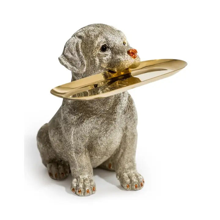 Antique Silver Labrador Holding Gold Tray - 27cm