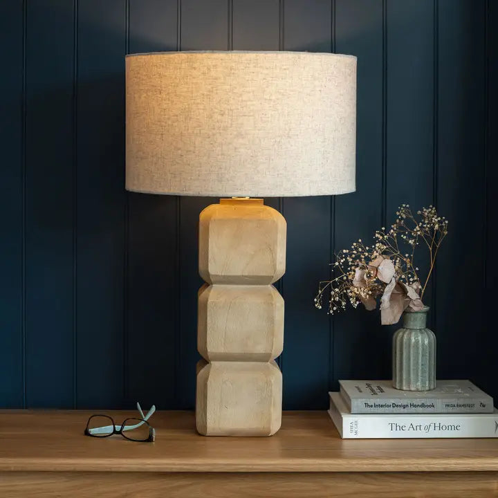 Pensford, Large Carved Wooden Table Lamp with Beige Shade - 66cm