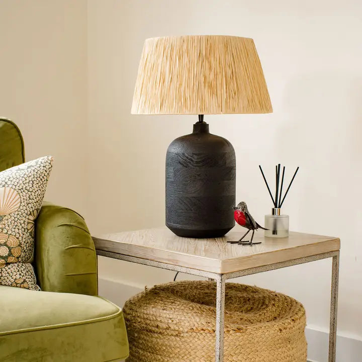 Easton, Black Sandblasted Large Table Lamp with Raffia Shade - 56cm