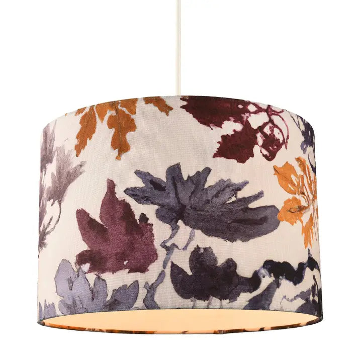 Floral Themed Linen Fabric Lamp Shade with Coloured Watercolour Leaves - 12"