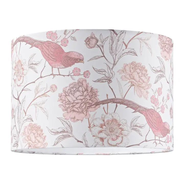 Traditional Cotton Lamp Shade with Pink Long Tailed Birds - 12"