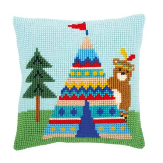 Bear And Teepee Printed Tapestry Kit, Bear Cushion Front Cross Stitch Tapestry