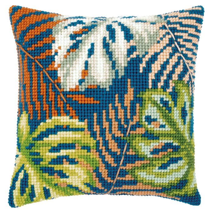 Botanical Leaves Printed Cross Stitch Tapestry Kit, Cushion Front Tapestry Kit