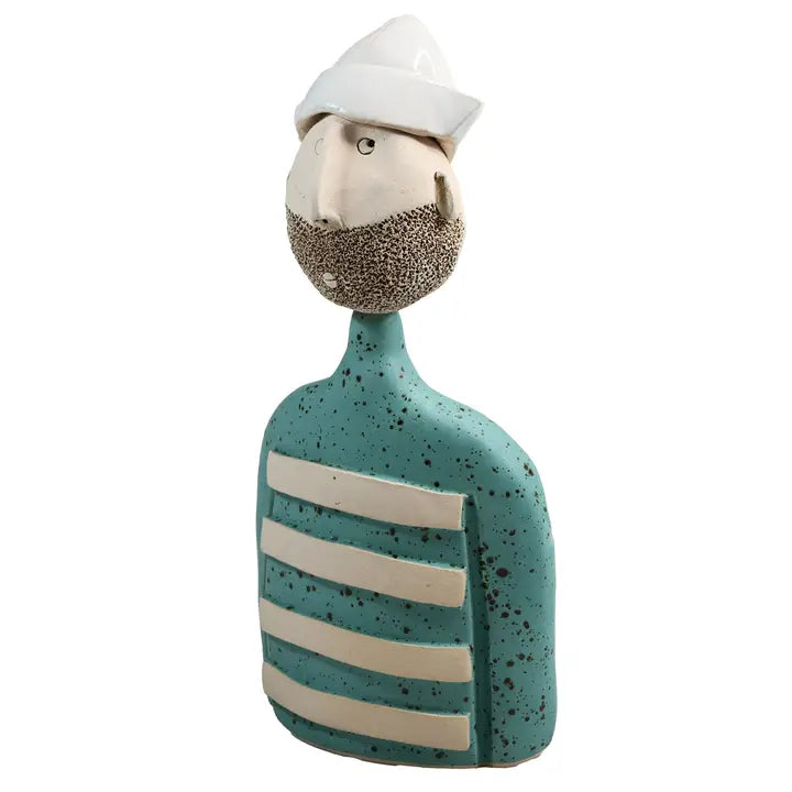 Handmade Nautical Male Bust Ceramic Figurine: the Sailor in Turquoise