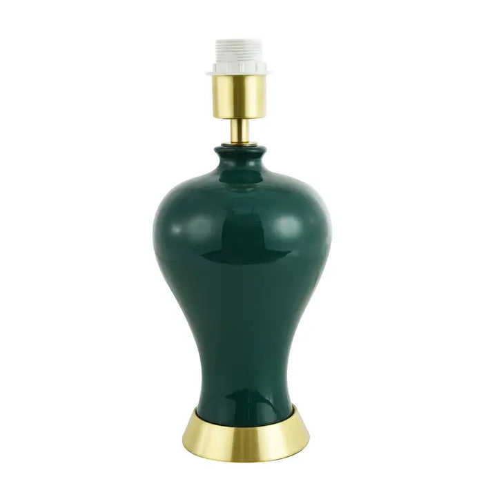 Traditional Ceramic Table Lamp Base in Glossy Forest Green with Satin Brass Trim - 34cm