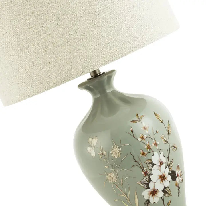 Ceramic Lamp Base in Dusty Duck Egg with Foliage and Floral Decor - 36cm