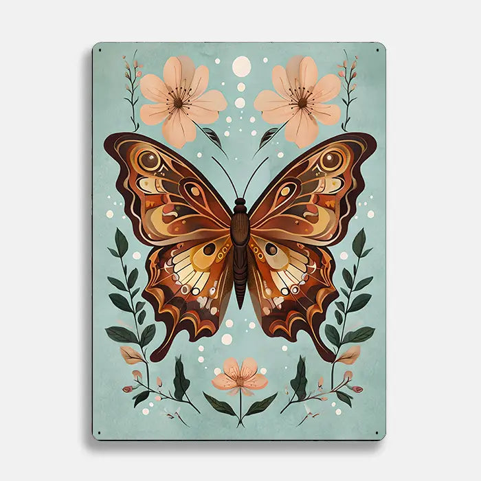 Butterfly Flowers Scandinavian Folk Metal Sign Plaque