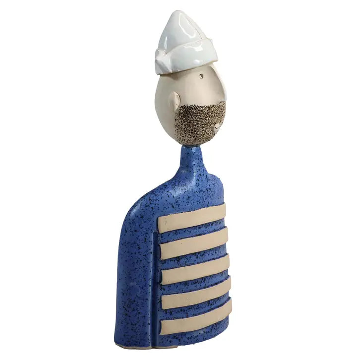 Handmade Nautical Male Bust Ceramic Figurine: the Sailor in Navy