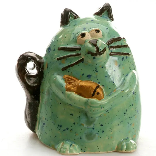 Maverick Cat Ceramic Figurine with Fish | Turquoise - 5cm