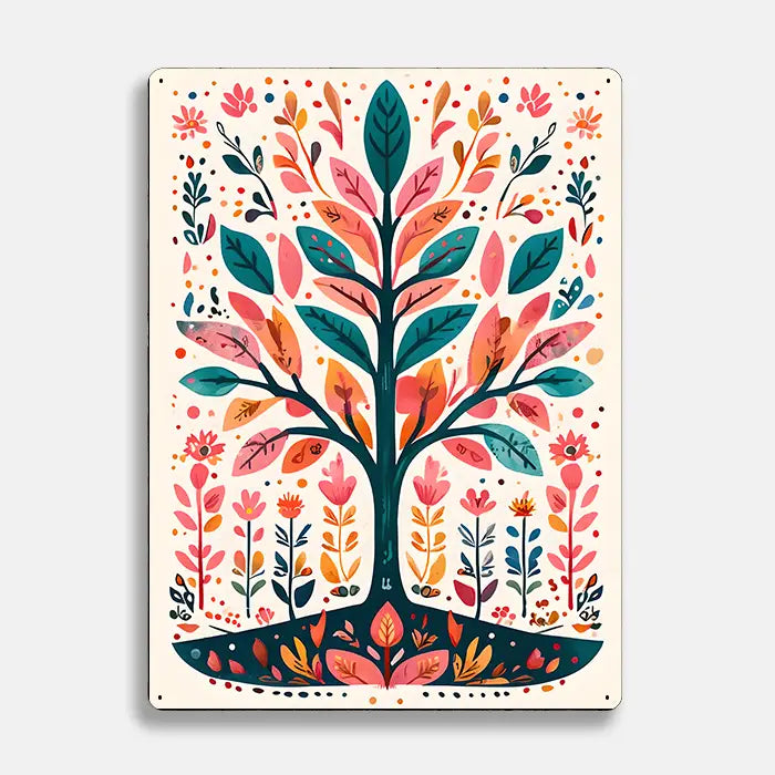 Vibrant Tree Colourful Scandinavian Folk Metal Sign Plaque