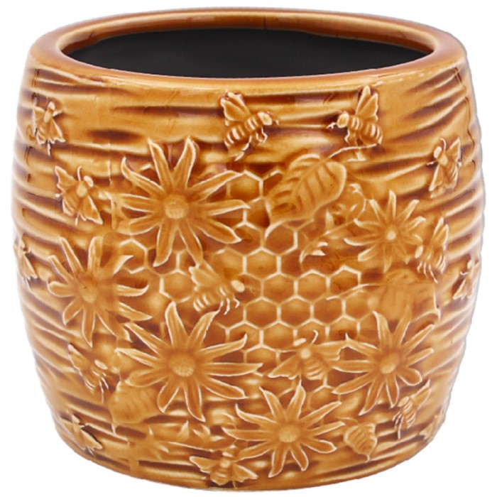 Crackled Ceramic Glaze Floral Bee Planter - 13cm