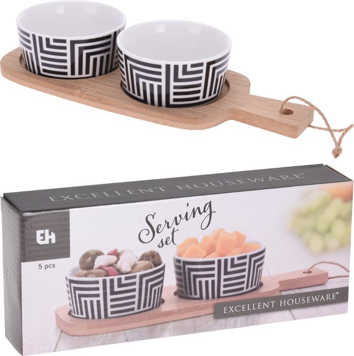 Ceramic Bowls on Bamboo Tray - Set of 2 - 25cm
