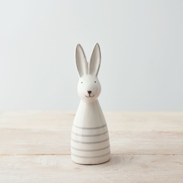 White Ceramic Bunny with Grey Stripes 15cm