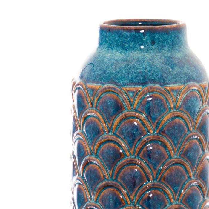 Glazed Ceramic Vase, Indigo Scalloped Blue Embossed Vase - 34cm
