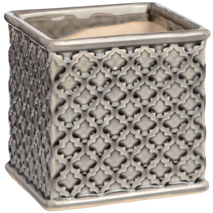 Glazed Ceramic Planter, Square Grey Embossed Planter - 15cm