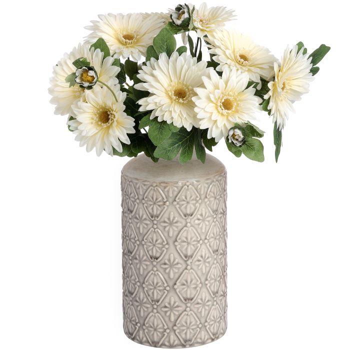 Glazed Ceramic Vase, Nero Ivory White Embossed Vase - 26cm