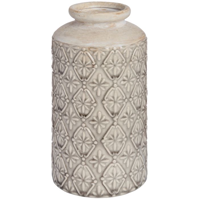 Glazed Ceramic Vase, Nero Ivory White Embossed Vase - 26cm