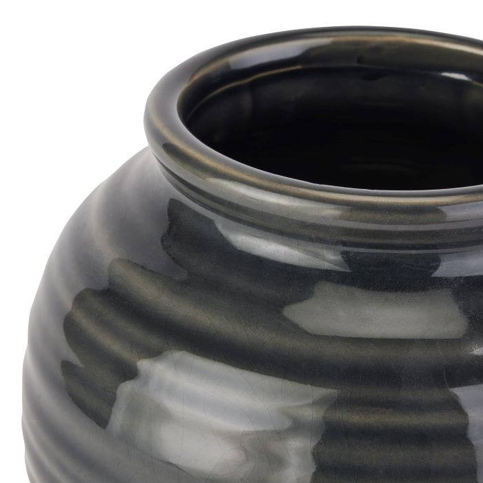 Glazed Ceramic Stoneware Vase, Navy Squat Vase - 17cm