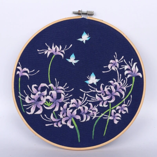 Oriental Chrysanthemum Embroidery Kit W/ Hoop, Outline Printed Embroidery Kit