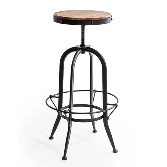Matt Black Vintage Style Adjustable Bar Stool w/ Wood Seat - 71cm