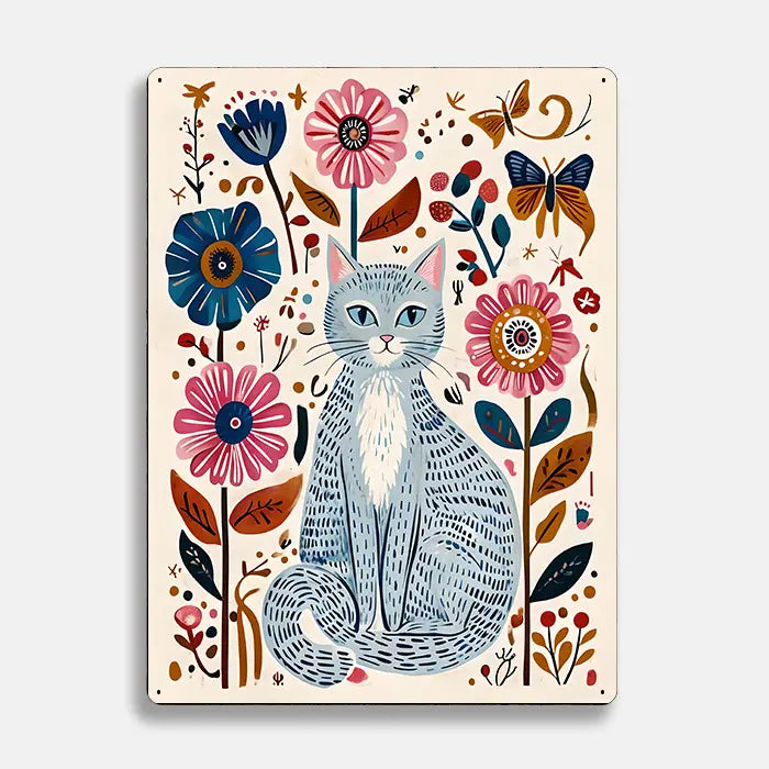 Grey Cat Flowers Scandinavian Folk Metal Sign Plaque
