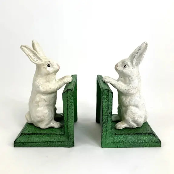 Cast Iron Antiqued Pair of White Rabbit Bookends - 15.5cm