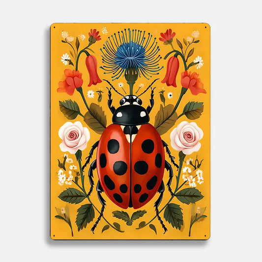 Ladybird Flowers Scandinavian Folk Metal Sign Plaque