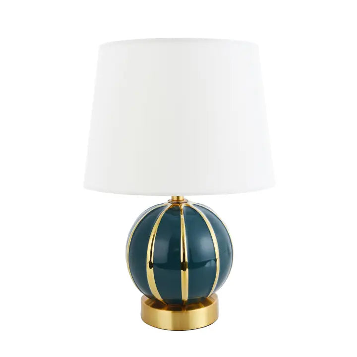 Classic Dark Teal Gloss Ceramic Spherical Table Lamp with Polished Gold Stripes - 24cm
