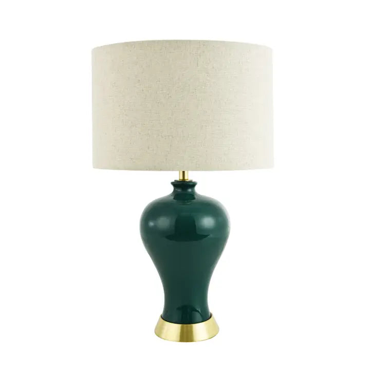 Traditional Ceramic Table Lamp Base in Glossy Forest Green with Satin Brass Trim - 34cm