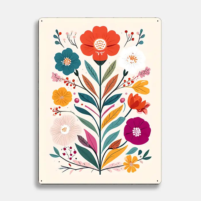 Vibrant Floral Flower Scandinavian Folk Metal Sign Plaque