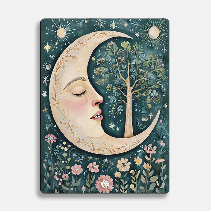 Moon Tree Flowers Scandinavian Folk Metal Sign Plaque