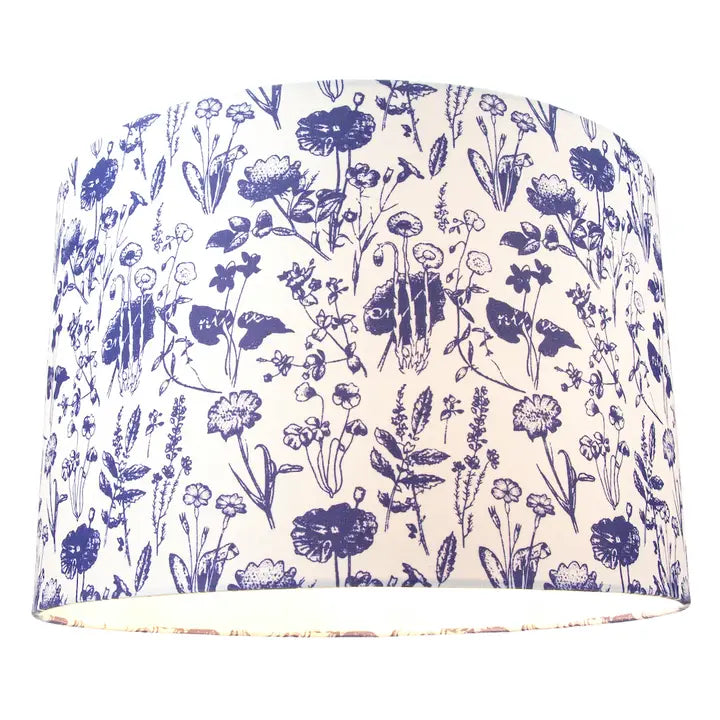 White Cotton 12" Drum Lamp Shade with Blue Floral Decoration