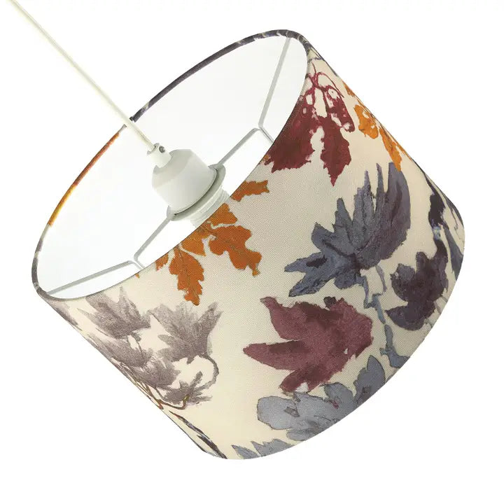 Floral Themed Linen Fabric Lamp Shade with Coloured Watercolour Leaves - 12"