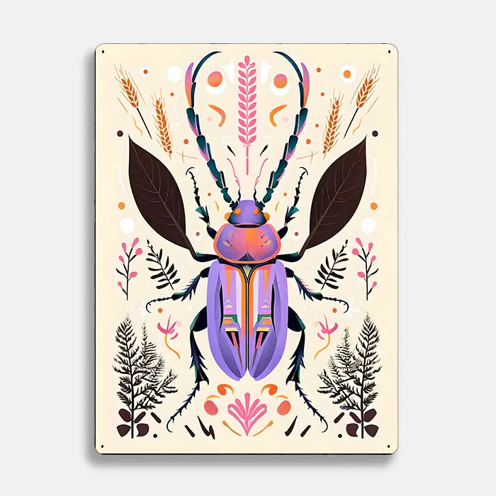 Beetle Purple Botanical Scandinavian Folk Metal Sign Plaque