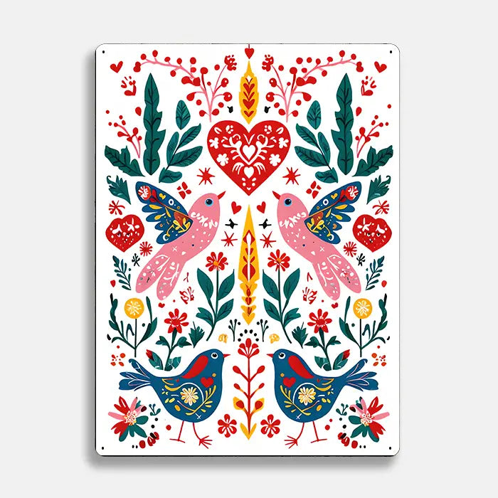 Heart Birds Plants Scandinavian Folk Metal Sign Plaque
