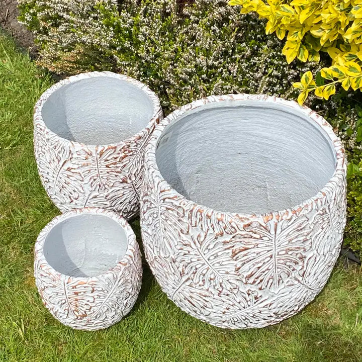 Set of 3 Leaf Embossed Cement Pots - 23/33/45cm