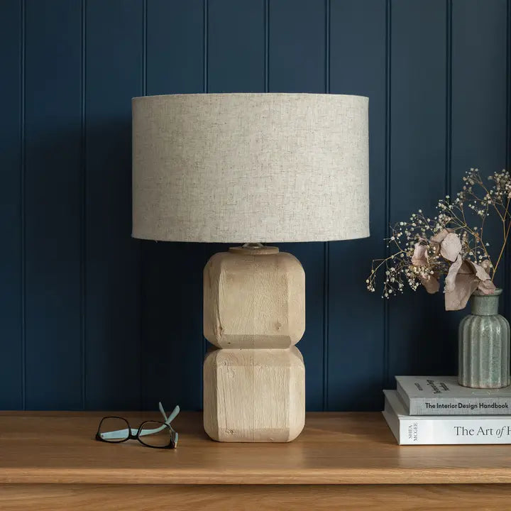Pensford, Medium Carved Wooden Table Lamp with Beige Shade - 51cm