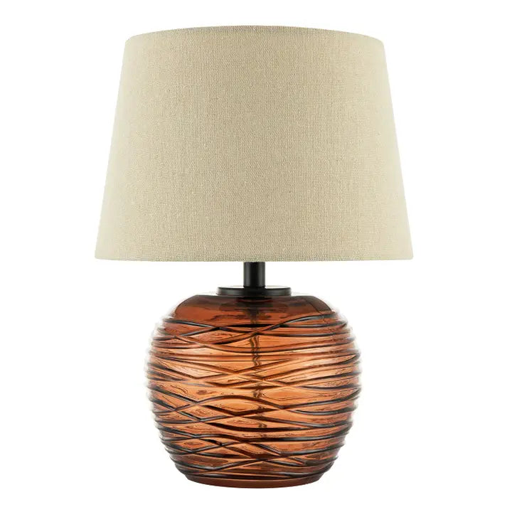 Amber Glass Table Lamp with Oatmeal Beige Linen Fabric Shade - 31cm